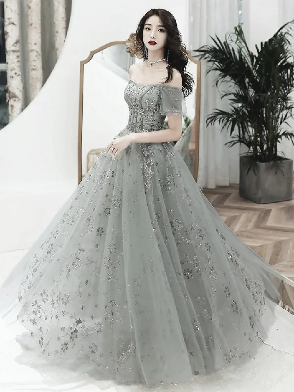 Grey Off Shoulder A-line Tulle with Lace Long Party Dress, Grey Evening Dresses Prom Dress High-Low Hemline Casual Grey Off Shoulder A-line Tulle with Lace Long Party Dress, Grey Evening Dresses Prom Dress High-Low Hemline Casual
