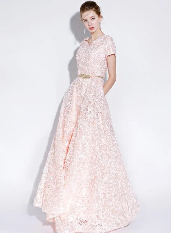 Pink Lace A-line Cap Sleeves Floor Length Party Dress, A-line Pink Prom Dress Formal Dress Tunics Prom sequined Pink Lace A-line Cap Sleeves Floor Length Party Dress, A-line Pink Prom Dress Formal Dress Tunics Prom sequined