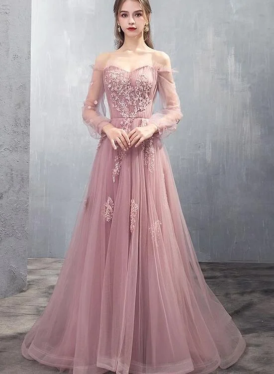 Charming Tulle Pink/Champagne Long Sleeves Junior Party Dress, A-line Formal Dress Evening Dress Satin Halter Glamorous Charming Tulle Pink/Champagne Long Sleeves Junior Party Dress, A-line Formal Dress Evening Dress Satin Halter Glamorous