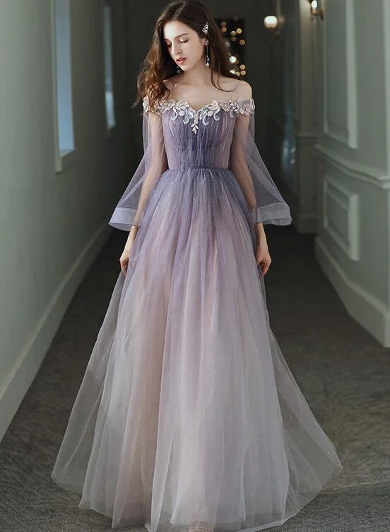 Purple Gradient Tulle Long Sleeves Straps Prom Dress Party Dress, A-line Tulle Formal Dresses Bodycon Fitted Nightout Purple Gradient Tulle Long Sleeves Straps Prom Dress Party Dress, A-line Tulle Formal Dresses Bodycon Fitted Nightout