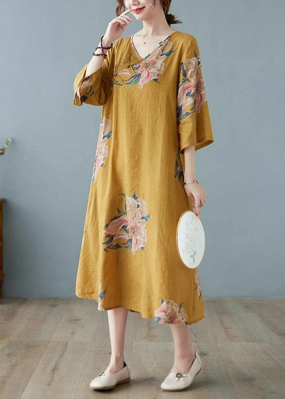 Loose Yellow Casual V Neck Print Summer Party Dresses Half Sleeve Tunics Top Casual