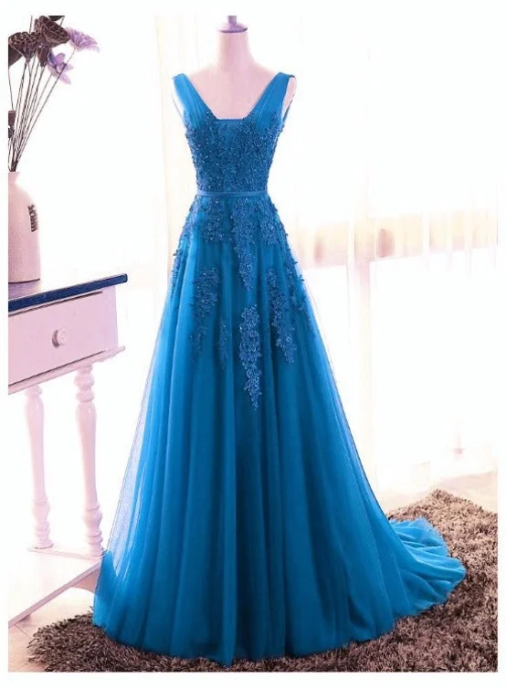 Blue Tull V-neckline Floor Length Low Back Party Dress, Blue Prom Dress Bridesmaid Dress Tunics Stylish elegant Blue Tull V-neckline Floor Length Low Back Party Dress, Blue Prom Dress Bridesmaid Dress Tunics Stylish elegant