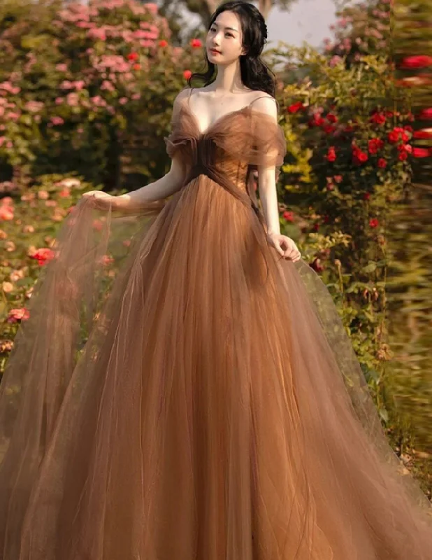 Beautiful Champagne Tulle Straps Long Formal Gown, Tulle Party Dresses Evening Dresses Satin Halter Glamorous Beautiful Champagne Tulle Straps Long Formal Gown, Tulle Party Dresses Evening Dresses Satin Halter Glamorous