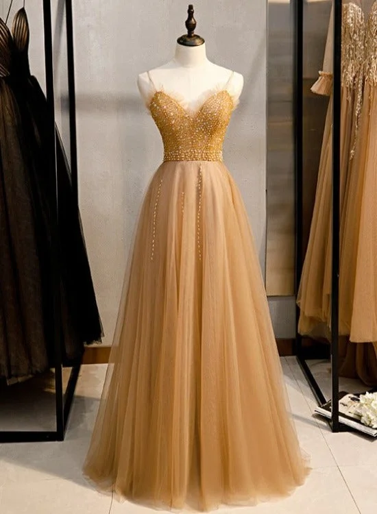 Champagne Sequins Tulle Straps Long Evening Dress Party Dress, Sweetheart Prom Dress Tunics Summer linen Champagne Sequins Tulle Straps Long Evening Dress Party Dress, Sweetheart Prom Dress Tunics Summer linen