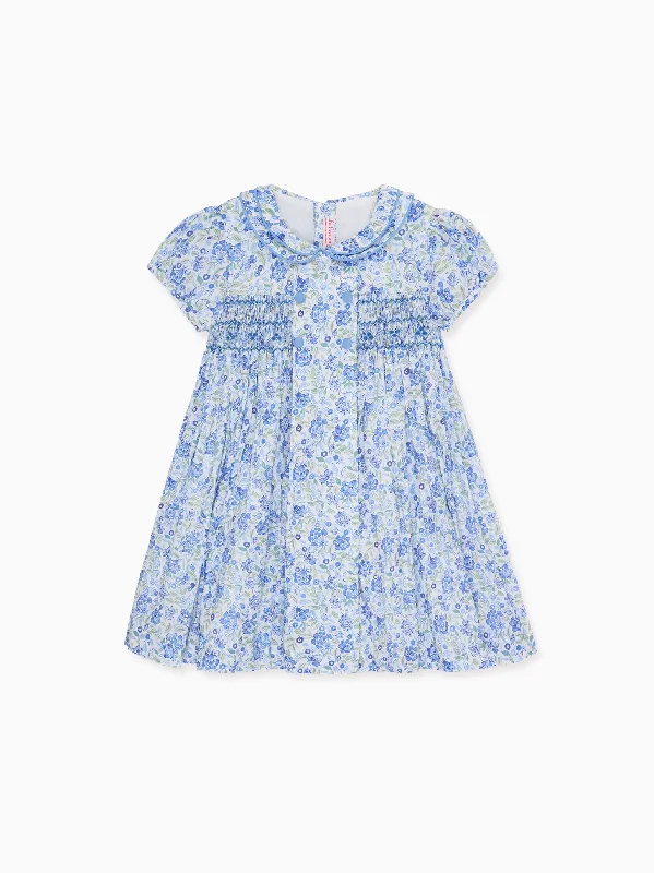Dusty Blue Floral Arcadia Girl Hand-Smocked Dress Turtleneck Warm Winter