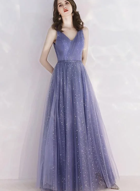 Charming Tulle Purple V-neckline Long Formal Dress, Shiny Tulle Low Back Wedding Party Dress Tunics Fashionable trendy Charming Tulle Purple V-neckline Long Formal Dress, Shiny Tulle Low Back Wedding Party Dress Tunics Fashionable trendy