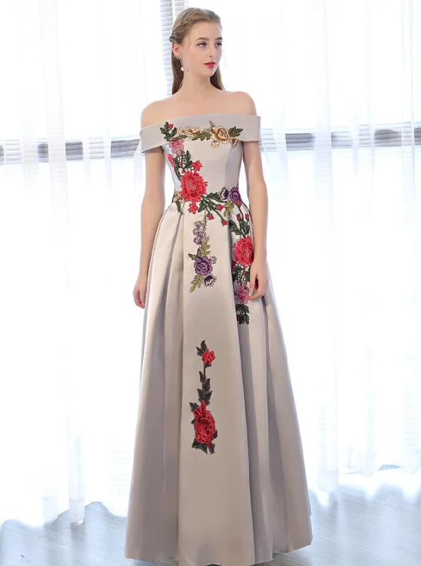 Sliver Grey Satin Off Shoulder Long Party Dress with Embroidery, A-line Prom Dress Graduation Dress Tunics Plaid country Sliver Grey Satin Off Shoulder Long Party Dress with Embroidery, A-line Prom Dress Graduation Dress Tunics Plaid country