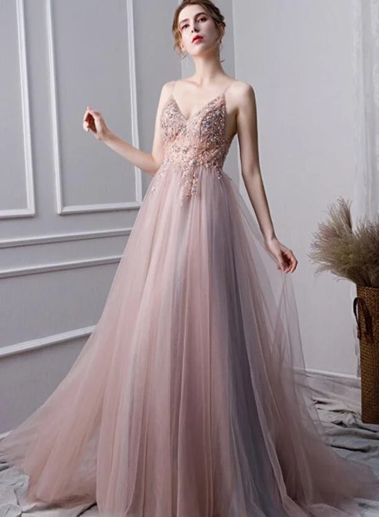 Pink Beaded High Slit Tulle V-neckline Long Party Dress, A-line Tulle New Prom Dress Evening Dress Tunics Timeless classic Pink Beaded High Slit Tulle V-neckline Long Party Dress, A-line Tulle New Prom Dress Evening Dress Tunics Timeless classic