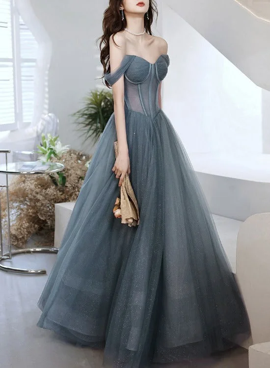 Beautiful Grey-Blue Tulle Sweetheart Shiny Off Shoulder Prom Dress, A-line Party Dress Evening Dresses Lace Sexy Club Beautiful Grey-Blue Tulle Sweetheart Shiny Off Shoulder Prom Dress, A-line Party Dress Evening Dresses Lace Sexy Club