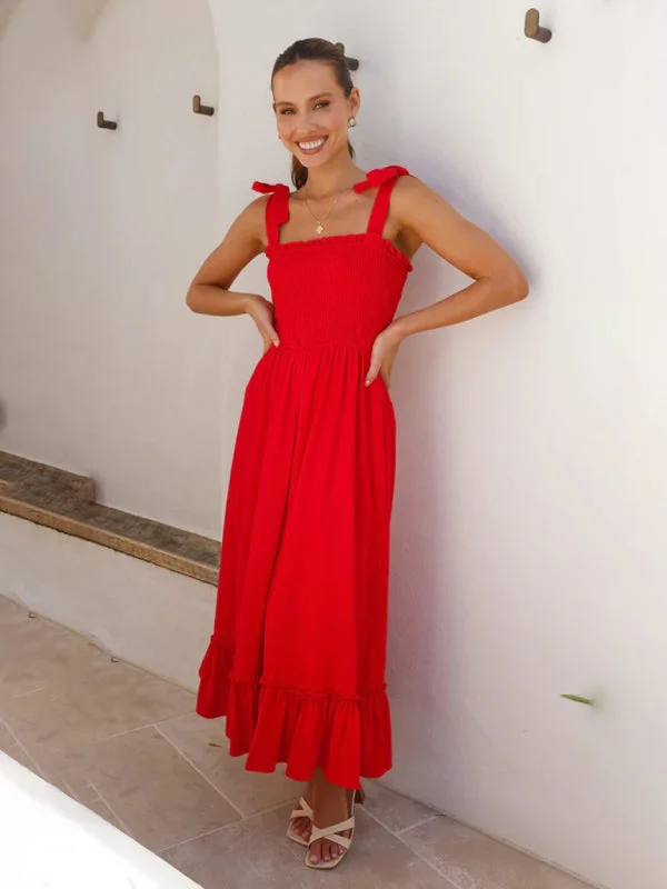 Fresh and sweet simple solid color suspender dress Boatneck Modish Everyday