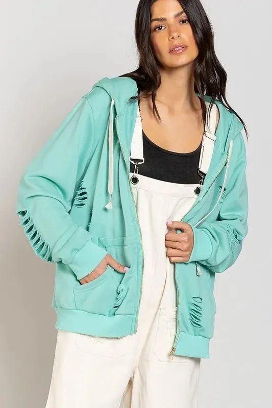 Distressed Zip-Up Hoodie Hoodie Jacket Zipper Layering