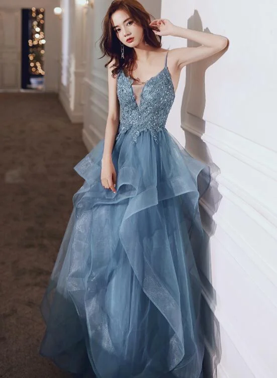 Blue V-neckline Lace Applique Layers Straps Formal Gown, Blue Prom Dress Party Dress Tunics Stylish modern Blue V-neckline Lace Applique Layers Straps Formal Gown, Blue Prom Dress Party Dress Tunics Stylish modern