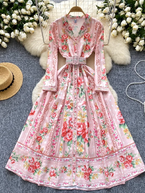 Belted Waist Floral Long Dress Tunics Gym athletic