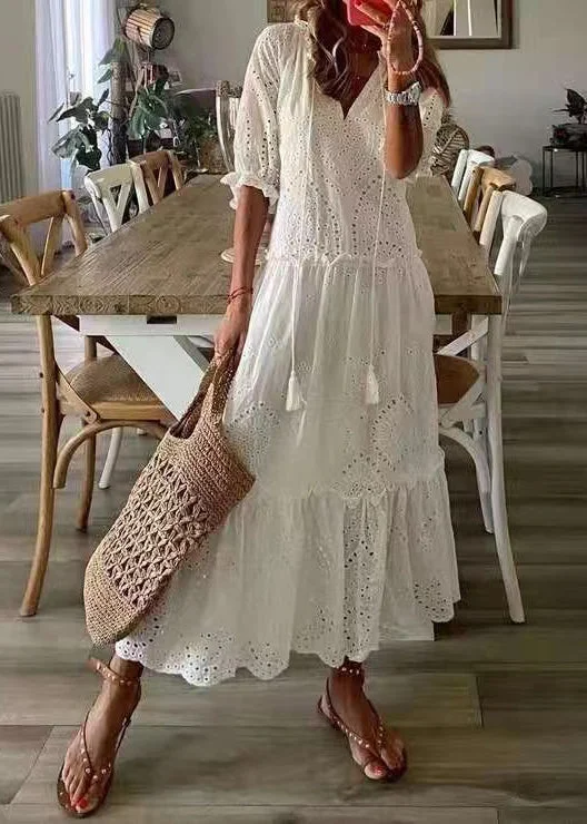 Elegant White Ruffled Hollow Out Cotton Party Dress Summer Tunics Silk luxurious
