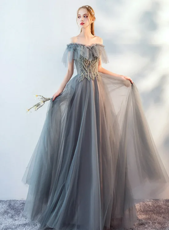 Pretty Gre Grey Off Shoulder Tulle Long Evening Dress Prom Dress, A-line Tulle Wedding Party Dresses Tunics Lace romantic Pretty Gre Grey Off Shoulder Tulle Long Evening Dress Prom Dress, A-line Tulle Wedding Party Dresses Tunics Lace romantic