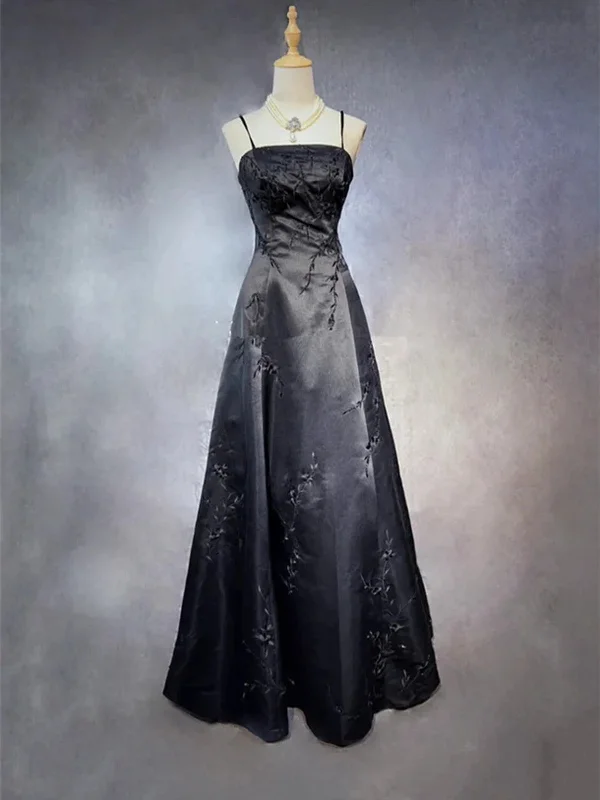Black A-line Straps Beaded Floor Length Party Dress, Black Satin Long Prom Dress Tunics Brand named Black A-line Straps Beaded Floor Length Party Dress, Black Satin Long Prom Dress Tunics Brand named