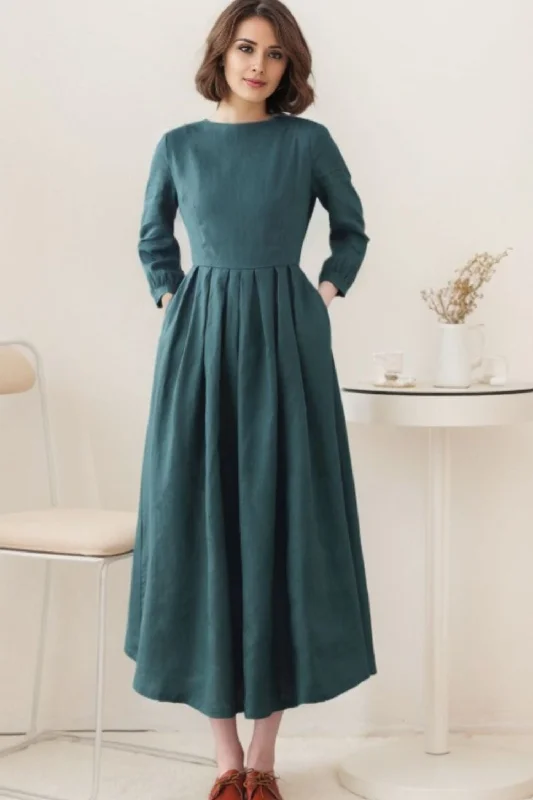 Green Linen Maxi Swing Dress - Flowy A-Line Design 5513 Tunics New arrival