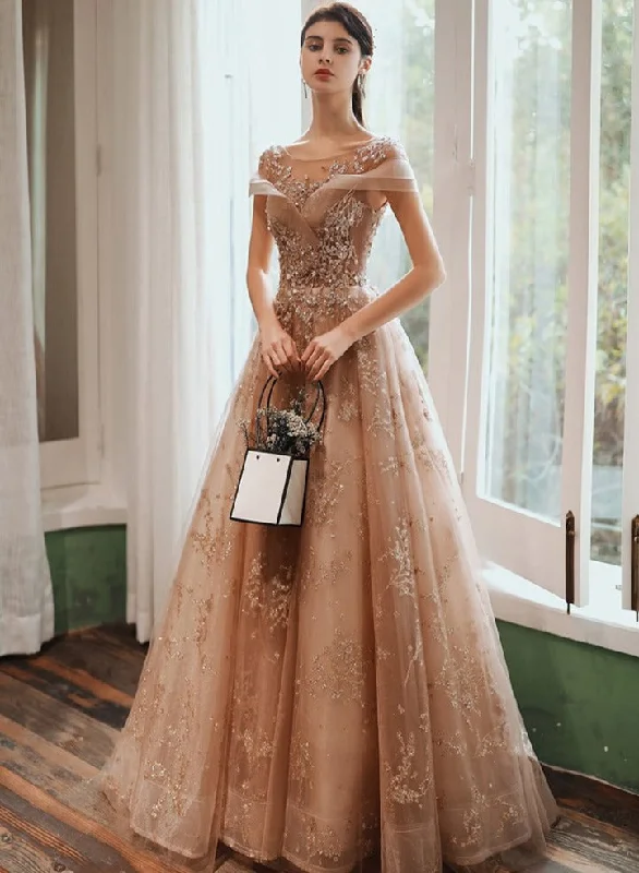 Champagne Cap Sleeves Tulle Long Party Dress, New Style Long Prom Dress Party Dress Tunics Evening elegant