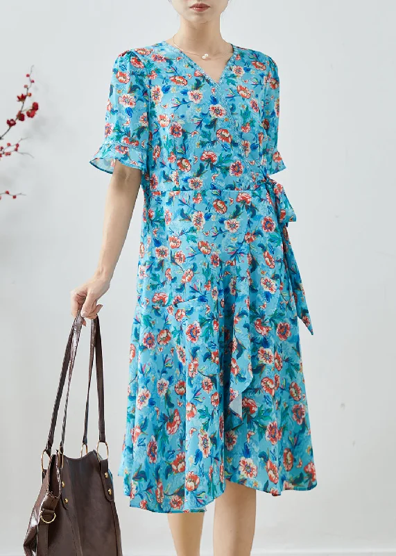 Fitted Blue Tie Waist Print Chiffon Party Dress Summer Tunics New arrival