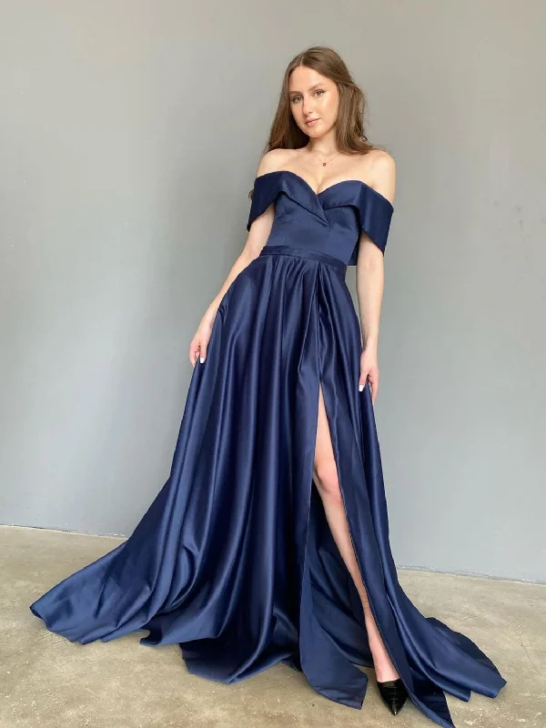 Blue Sweetheart Off Shoulder Satin Long Prom Dress, Blue Formal Graduation Party Dress Tunics Satin smooth Blue Sweetheart Off Shoulder Satin Long Prom Dress, Blue Formal Graduation Party Dress Tunics Satin smooth