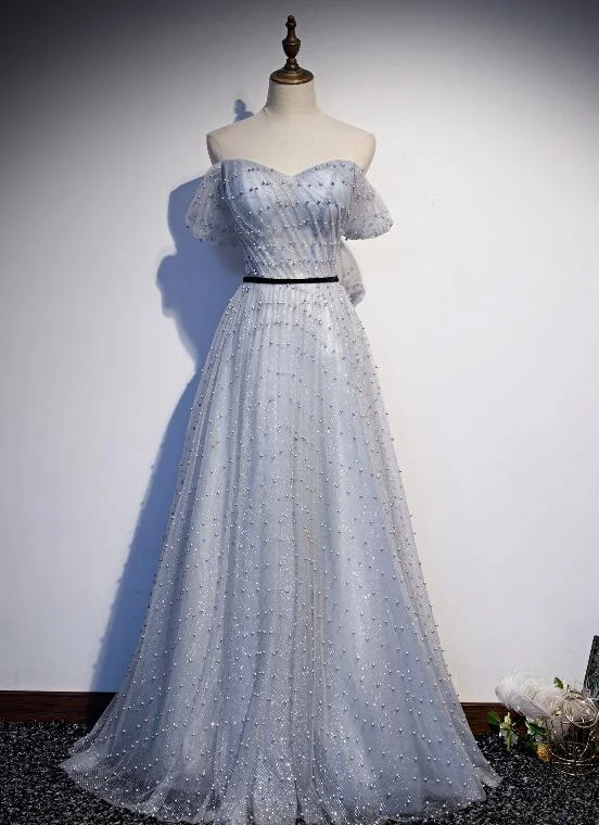 Light Grey Sweetheart Off Shoulder Long Party Dress, A-line Tulle Prom Dress Evening Dress Tunics New arrival Light Grey Sweetheart Off Shoulder Long Party Dress, A-line Tulle Prom Dress Evening Dress Tunics New arrival