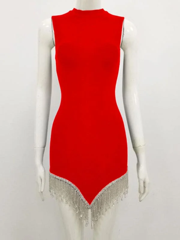 Women's new fashion sexy round neck sleeveless irregular tassel rhinestone tight hip bandage dress Tunics Polka dots