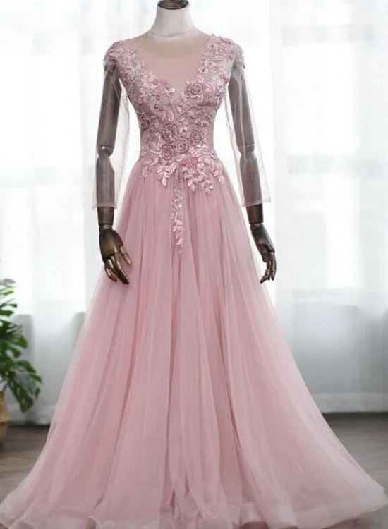 Pink Lace Floral Tulle Long Sleeves A-line Evening Dress, Pink Prom Dress Party Dress Tunics Fleece cozy Pink Lace Floral Tulle Long Sleeves A-line Evening Dress, Pink Prom Dress Party Dress Tunics Fleece cozy