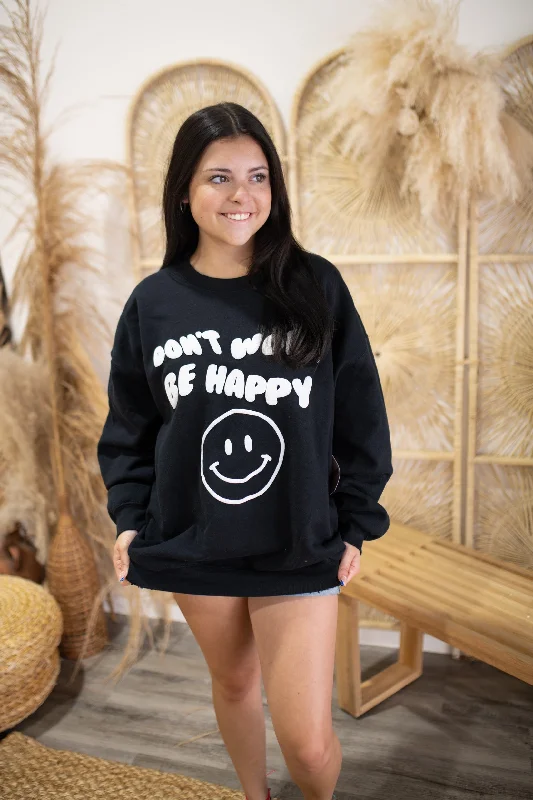 Don't Worry Be Happy Puff Sweatshirt-Black Hoodie with Button Classic Timeless
