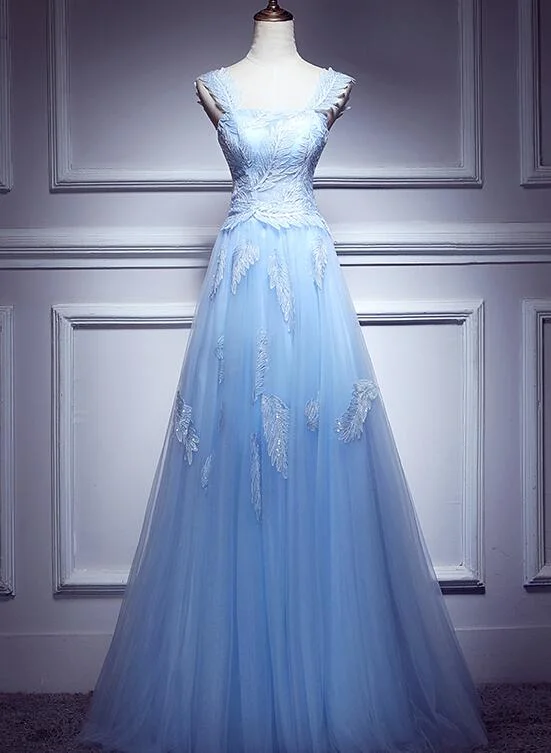 Lovely Light Blue Lace Applique Tulle Prom Dress, Blue Junior Party Dress Formal Dress Mermaid Tail Wedding Lovely Light Blue Lace Applique Tulle Prom Dress, Blue Junior Party Dress Formal Dress Mermaid Tail Wedding