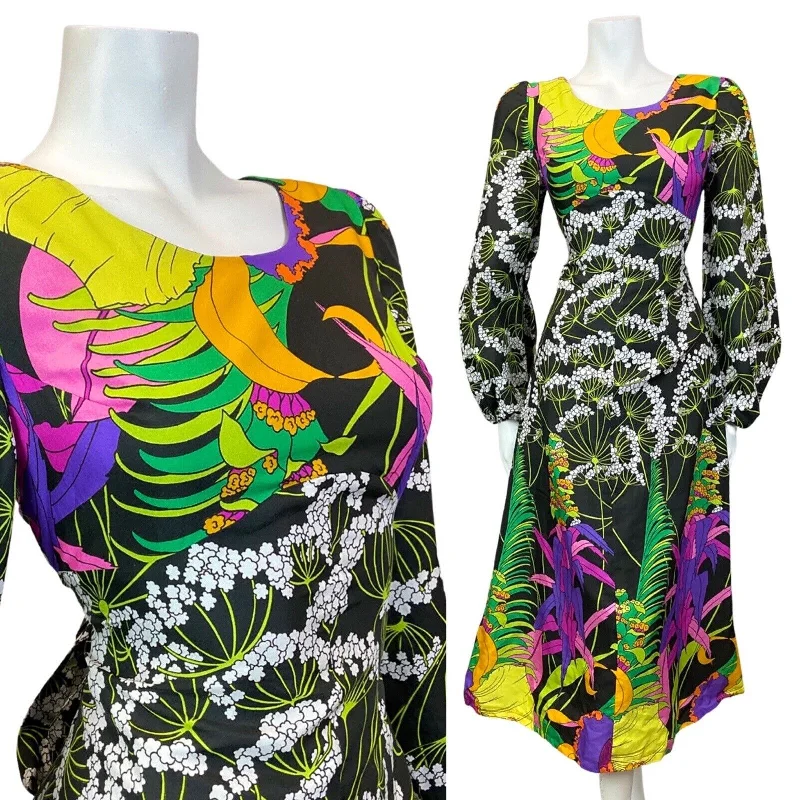 VINTAGE 60s 70s BLACK WHITE PURPLE GREEN PSYCHEDELIC FLORAL PALM SWING DRESS 10 Floral Print girly VINTAGE 60s 70s BLACK WHITE PURPLE GREEN PSYCHEDELIC FLORAL PALM SWING DRESS 10 Floral Print girly