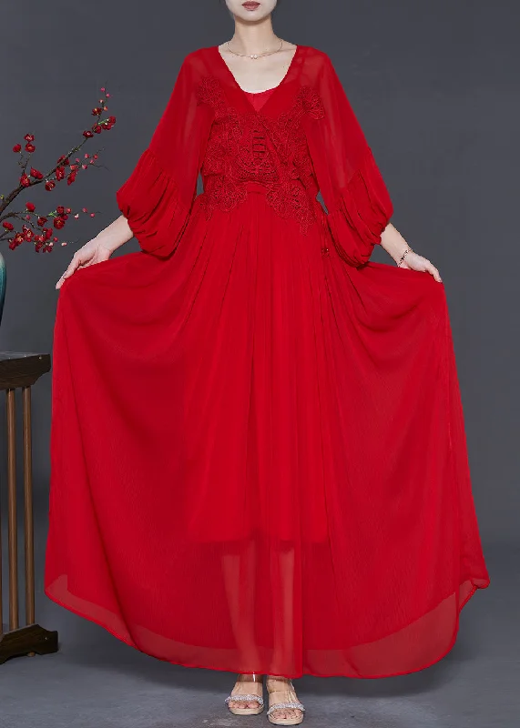 Handmade Red Embroidered Patchwork Chiffon Party Dress Lantern Sleeve Tunics Favorite customer Handmade Red Embroidered Patchwork Chiffon Party Dress Lantern Sleeve Tunics Favorite customer
