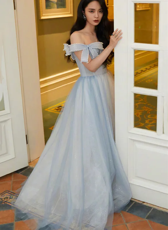 Light Blue Sweetheart Pearls Off Shoulder Long Party Dress, A-line Blue Formal Dress Tunics stripes playful Light Blue Sweetheart Pearls Off Shoulder Long Party Dress, A-line Blue Formal Dress Tunics stripes playful