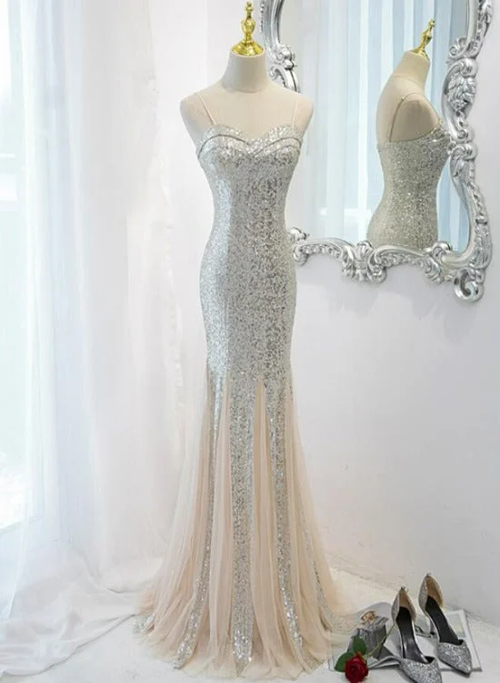 Sliver Sequins Mermaid Straps Long Evening Gown Prom Dress, Long Party Dress Formal Dresses sweetheart Neckline Romantic Sliver Sequins Mermaid Straps Long Evening Gown Prom Dress, Long Party Dress Formal Dresses sweetheart Neckline Romantic