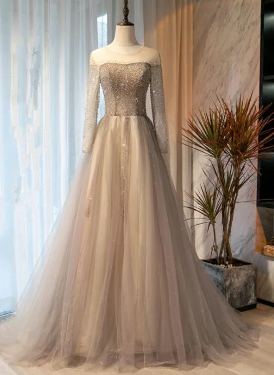 Light Grey Beaded Long Sleeves Fashionable Tulle Evening Dress, Tulle Grey Prom Dress Party Dress Tunics Sophisticated sleek Light Grey Beaded Long Sleeves Fashionable Tulle Evening Dress, Tulle Grey Prom Dress Party Dress Tunics Sophisticated sleek