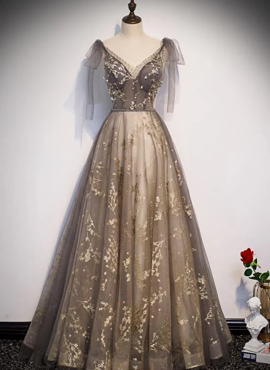 Champagne Tulle Fashionable Lace Long Formal Dress Party Dress, A-line Tulle Evening Dress Tunics Versatile stylish Champagne Tulle Fashionable Lace Long Formal Dress Party Dress, A-line Tulle Evening Dress Tunics Versatile stylish