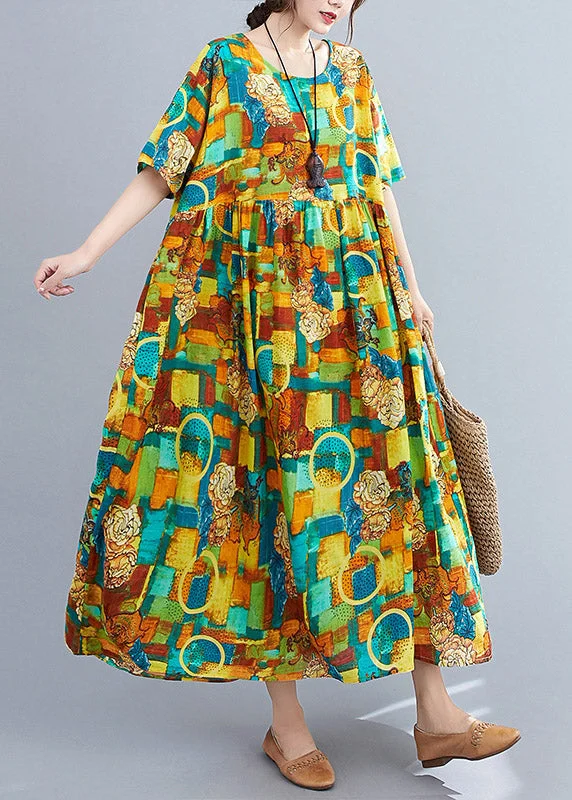 Plus Size Green O-Neck Print Wrinkled Party Dress Short Sleeve A-Line Day Work
