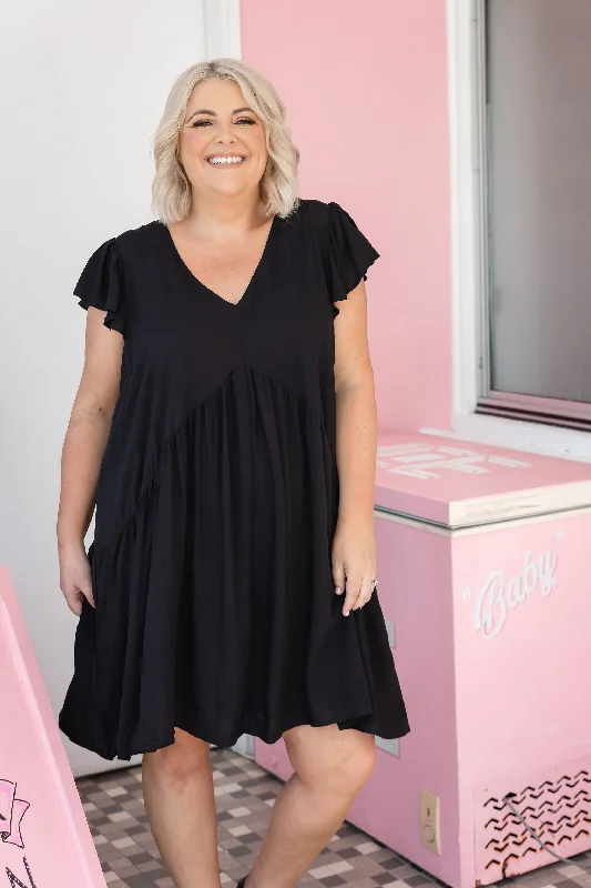 Peak Frill Party Dress in Black Tunics Leisure comfortable