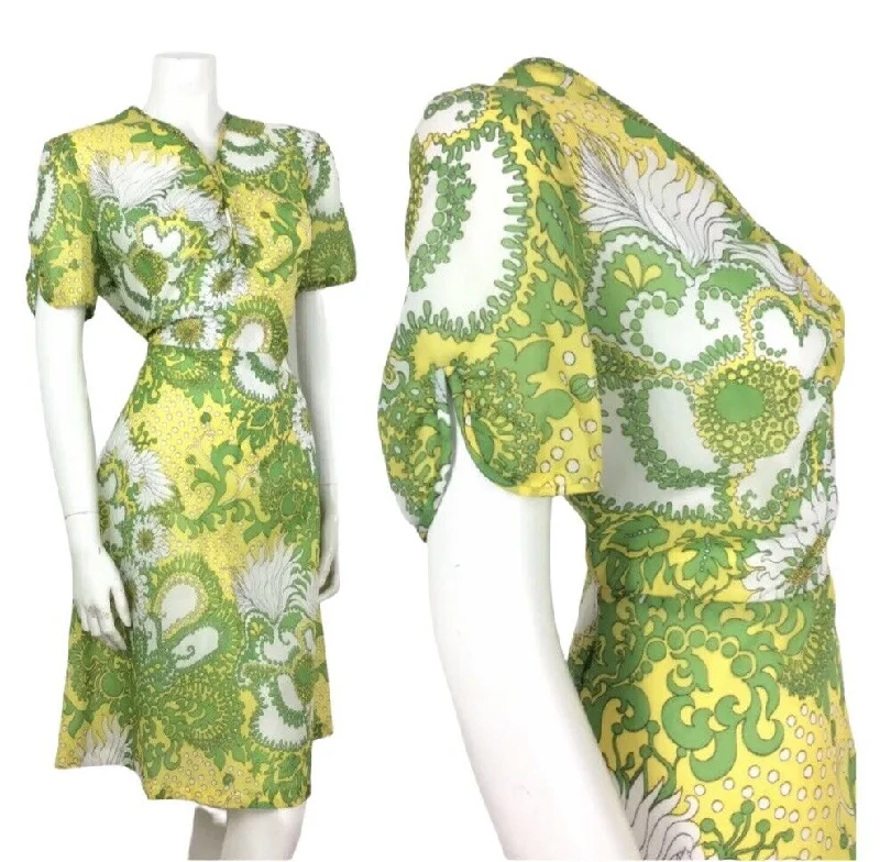 PSYCHEDELIC 70S VINTAGE YELLOW GREEN WHITE FLORAL DRESS 14 Tunics Sophisticated sleek