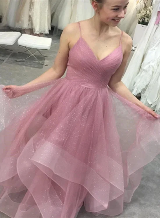 Pink V-neckline Tulle Straps Floor Length Party Dress, Pink Tulle Evening Dress Prom Dress Tunics Occasion special Pink V-neckline Tulle Straps Floor Length Party Dress, Pink Tulle Evening Dress Prom Dress Tunics Occasion special