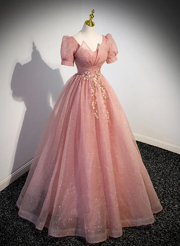 Pink Sweetheart Tulle Short Sleeves Party Dress, Pink Floor Length Formal Dress Tunics Yoga stretchy Pink Sweetheart Tulle Short Sleeves Party Dress, Pink Floor Length Formal Dress Tunics Yoga stretchy