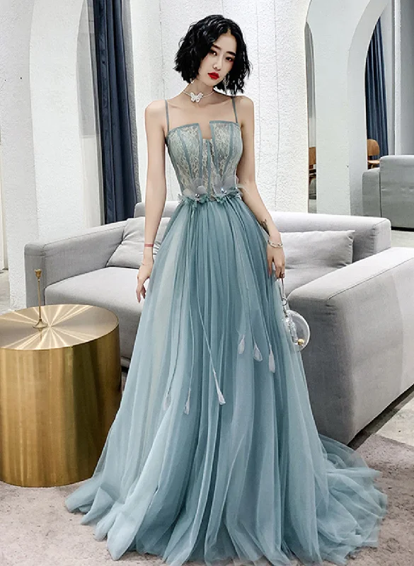 Blue Tulle A-line Long Party Dress with Straps, Blue Long Prom Dress Tunics Travel practical Blue Tulle A-line Long Party Dress with Straps, Blue Long Prom Dress Tunics Travel practical