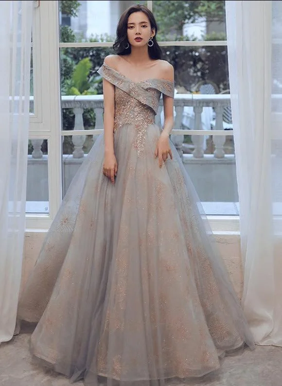 Glam Off Shoulder Shiny Lace and Tulle Long Party Dress, A-line Evening Dresses Prom Dress Tunics Party sparkling Glam Off Shoulder Shiny Lace and Tulle Long Party Dress, A-line Evening Dresses Prom Dress Tunics Party sparkling