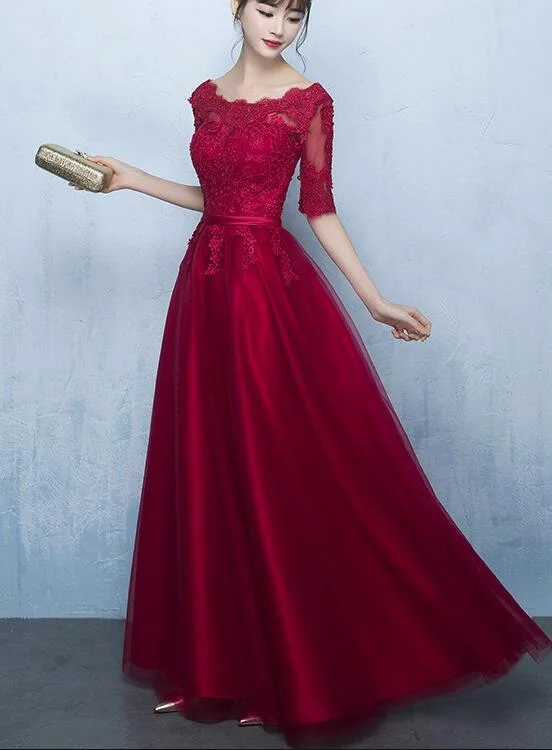 Wine Red 1/2 Sleeves Lace and Tulle Party Dress, Charming Dark Red Formal Gowns Tunics Essential wardrobe Wine Red 1/2 Sleeves Lace and Tulle Party Dress, Charming Dark Red Formal Gowns Tunics Essential wardrobe