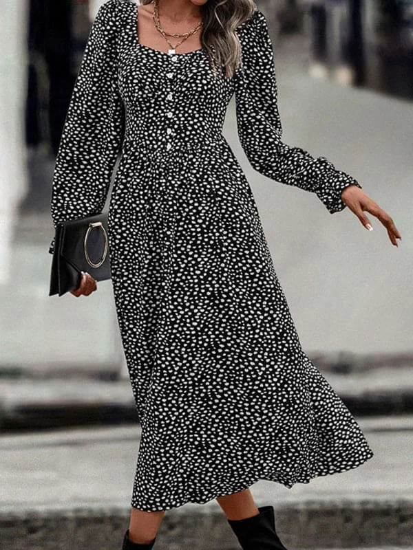 Women's New Square Neck Printed Dress empire Waist empire