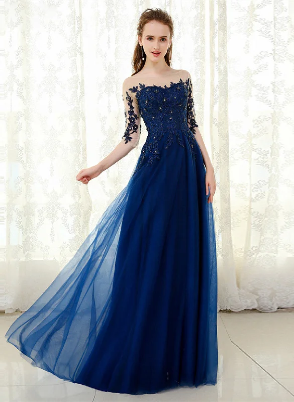 Navy Blue Tulle A-line Party Dress with Lace Applique, Blue Formal Dress Party Dress Tunics Stylish modern Navy Blue Tulle A-line Party Dress with Lace Applique, Blue Formal Dress Party Dress Tunics Stylish modern