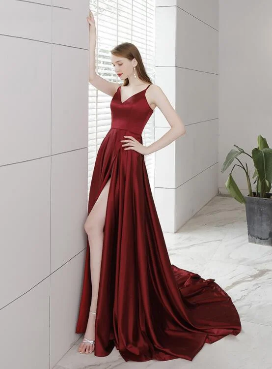 Burgundy Satin Straps High Leg Slit Long Party Dress Evening Dress, Burgundy Prom Dress Tunics Satin smooth Burgundy Satin Straps High Leg Slit Long Party Dress Evening Dress, Burgundy Prom Dress Tunics Satin smooth
