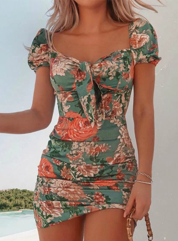 Women Casual Floral Square Neck Tie Front Dress Tunics Brand named