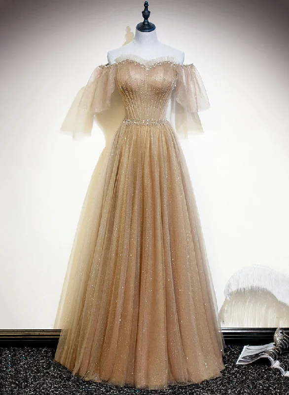 Light Champagne Shiny Tulle Off Shoulder Long Party Dress, A-line New Prom Dresses Tunics Practical easy-care Light Champagne Shiny Tulle Off Shoulder Long Party Dress, A-line New Prom Dresses Tunics Practical easy-care