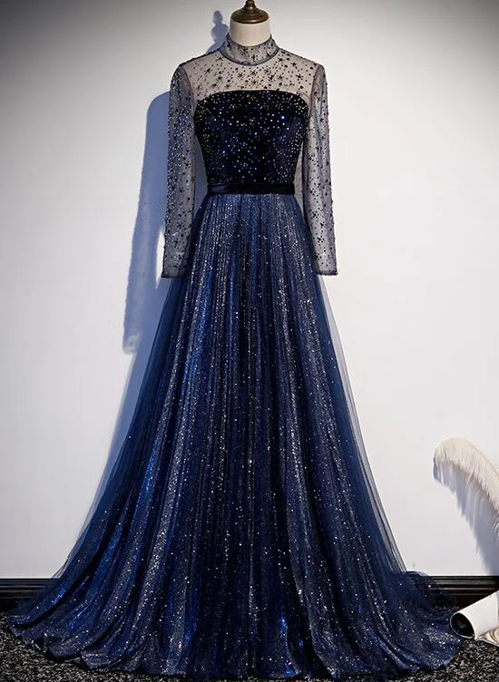 Navy Blue Long Sleeves Shiny Sparkle Long Evening Dress, Sequins Blue Wedding Party Dress Tunics Winter warm