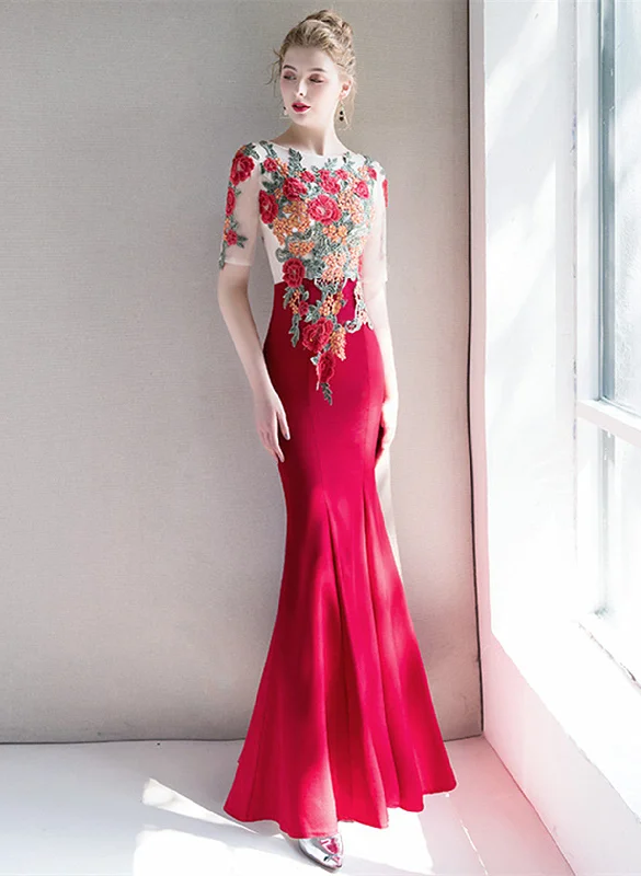 Red Mermaid Round Neckline Long Party Dress, Red Long Evening Dress Prom Dress Lace Sexy Club Red Mermaid Round Neckline Long Party Dress, Red Long Evening Dress Prom Dress Lace Sexy Club